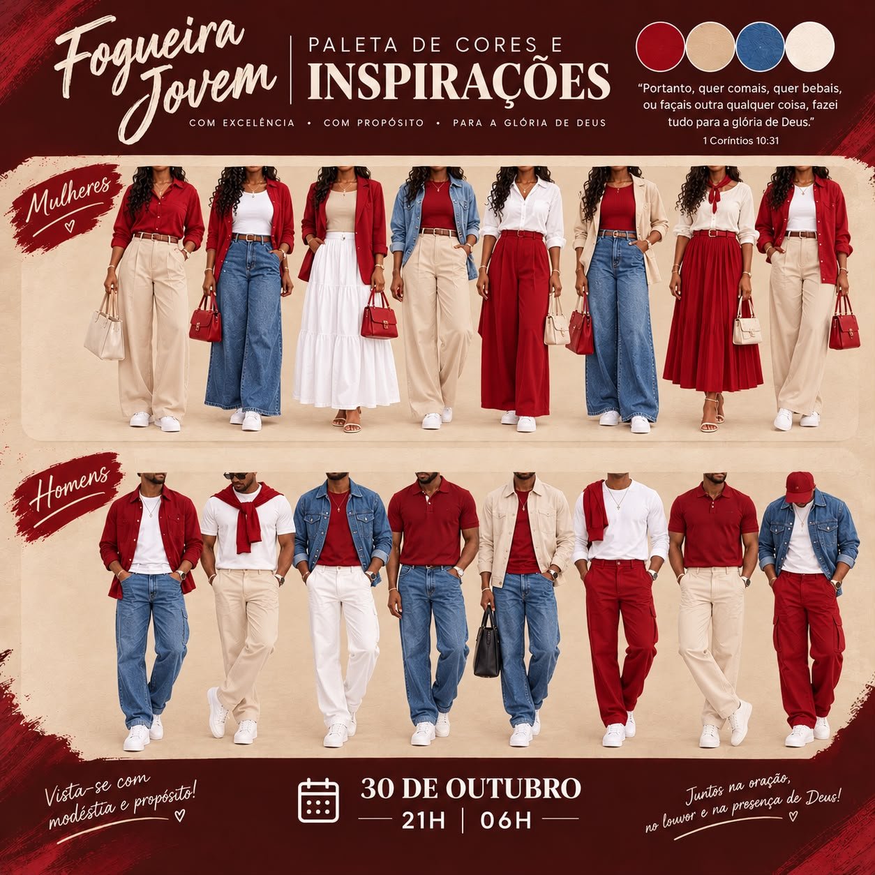 Paleta de cores da noite: vermelho, bege, azul ganga e branco